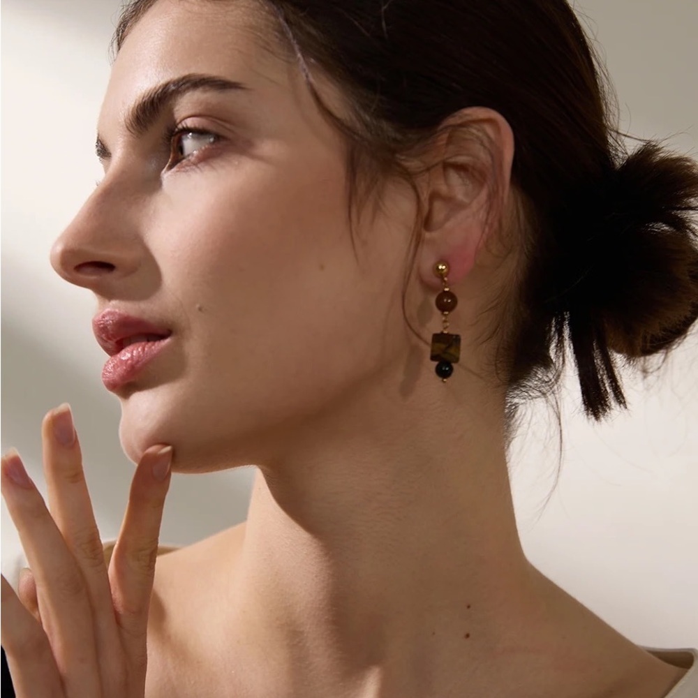 18k Gold Plated Natural Stone *Tiger Beads* Handmade Drop Earrings